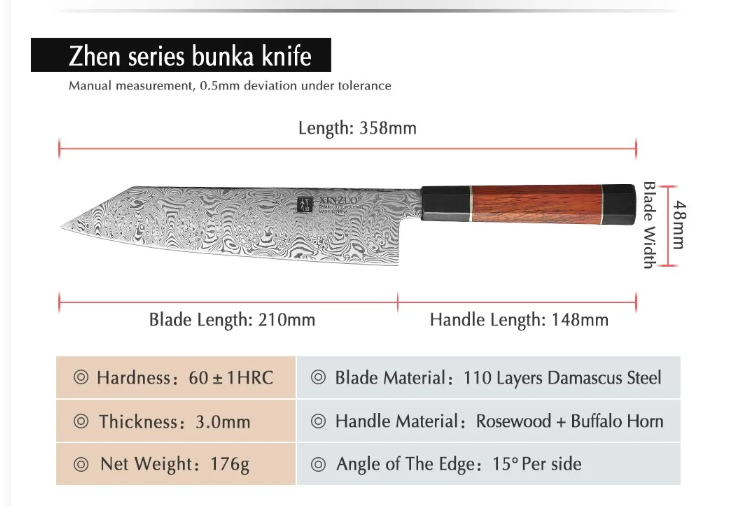 XINZUO Zhen Series 8.5-Inch Damascus Steel Bunka Knife - Premium Rosewood Handle