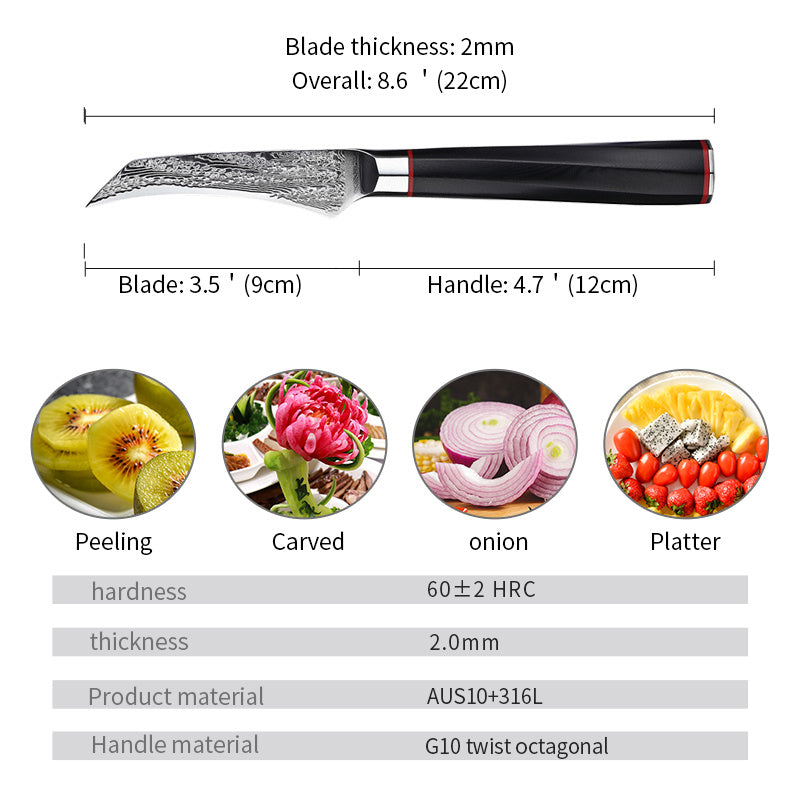 Japanese Damascus Steel Kitchen Fruit Knife - AUS10 Blade with G10 Octagonal Handle