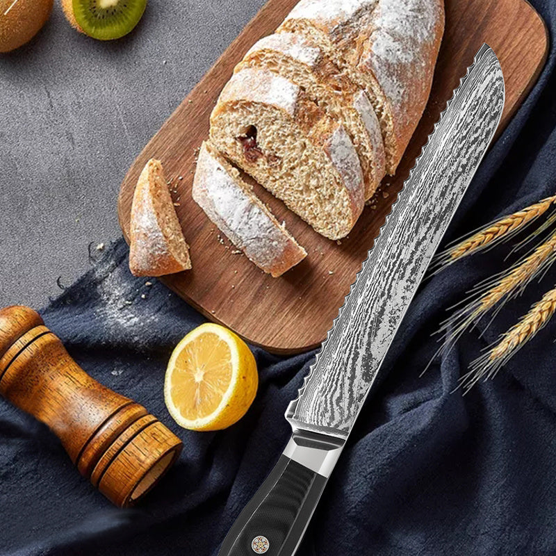 Damascus Bread Knife - Premium AUS10 Steel with G10 Octagonal Handle