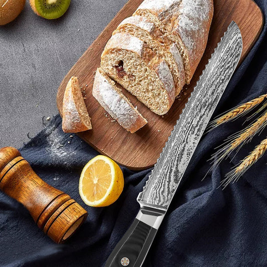 Damascus Bread Knife - Premium AUS10 Steel with G10 Octagonal Handle