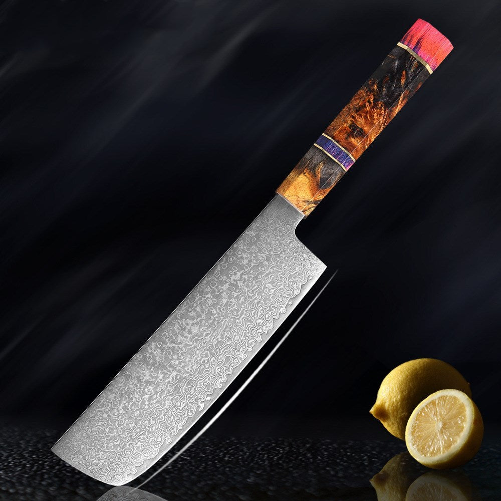 Premium Damascus Knife Set with Handcrafted V-Shaped Blades and Wooden Handles