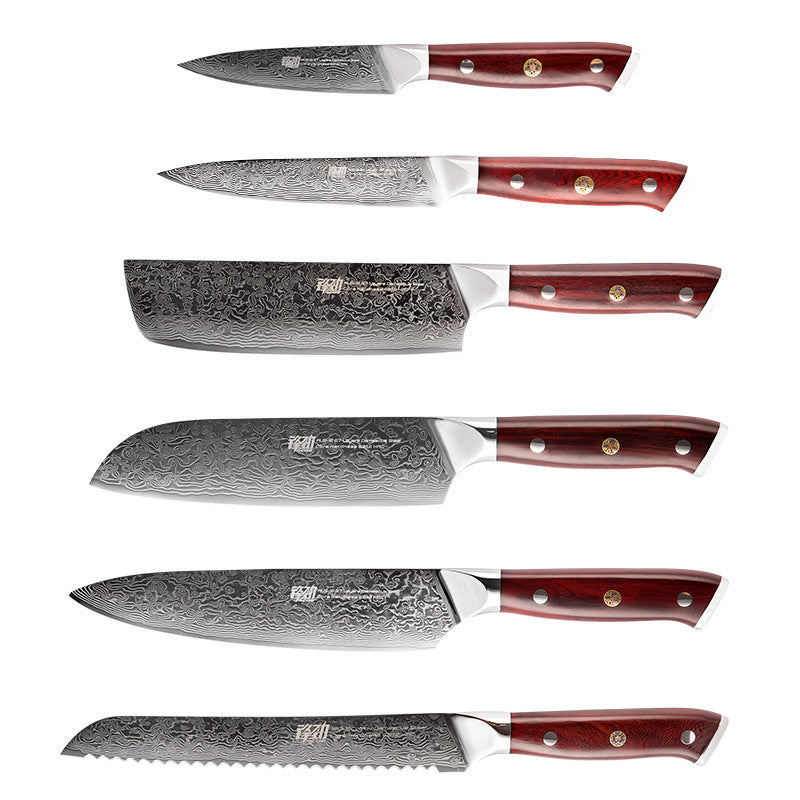 Damascus Six-Piece Knife Set - Premium AUS10 Steel with Red Sandalwood Handles