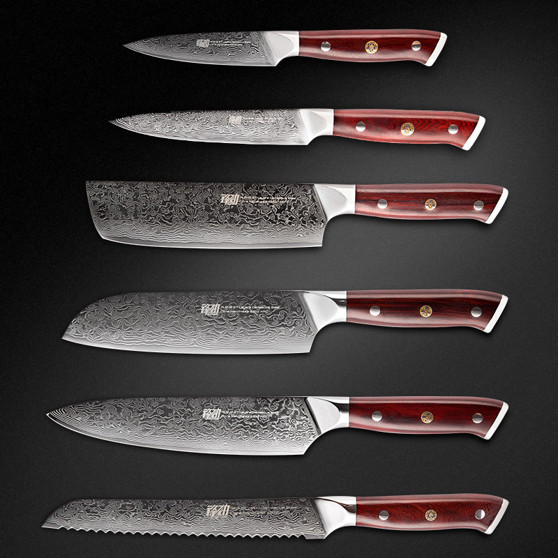 Damascus Six-Piece Knife Set - Premium AUS10 Steel with Red Sandalwood Handles