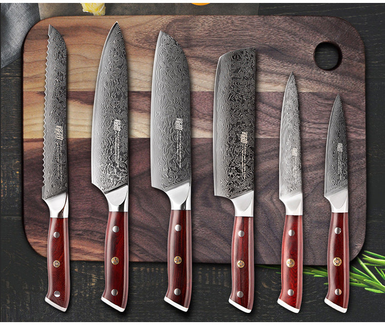 Damascus Six-Piece Knife Set - Premium AUS10 Steel with Red Sandalwood Handles