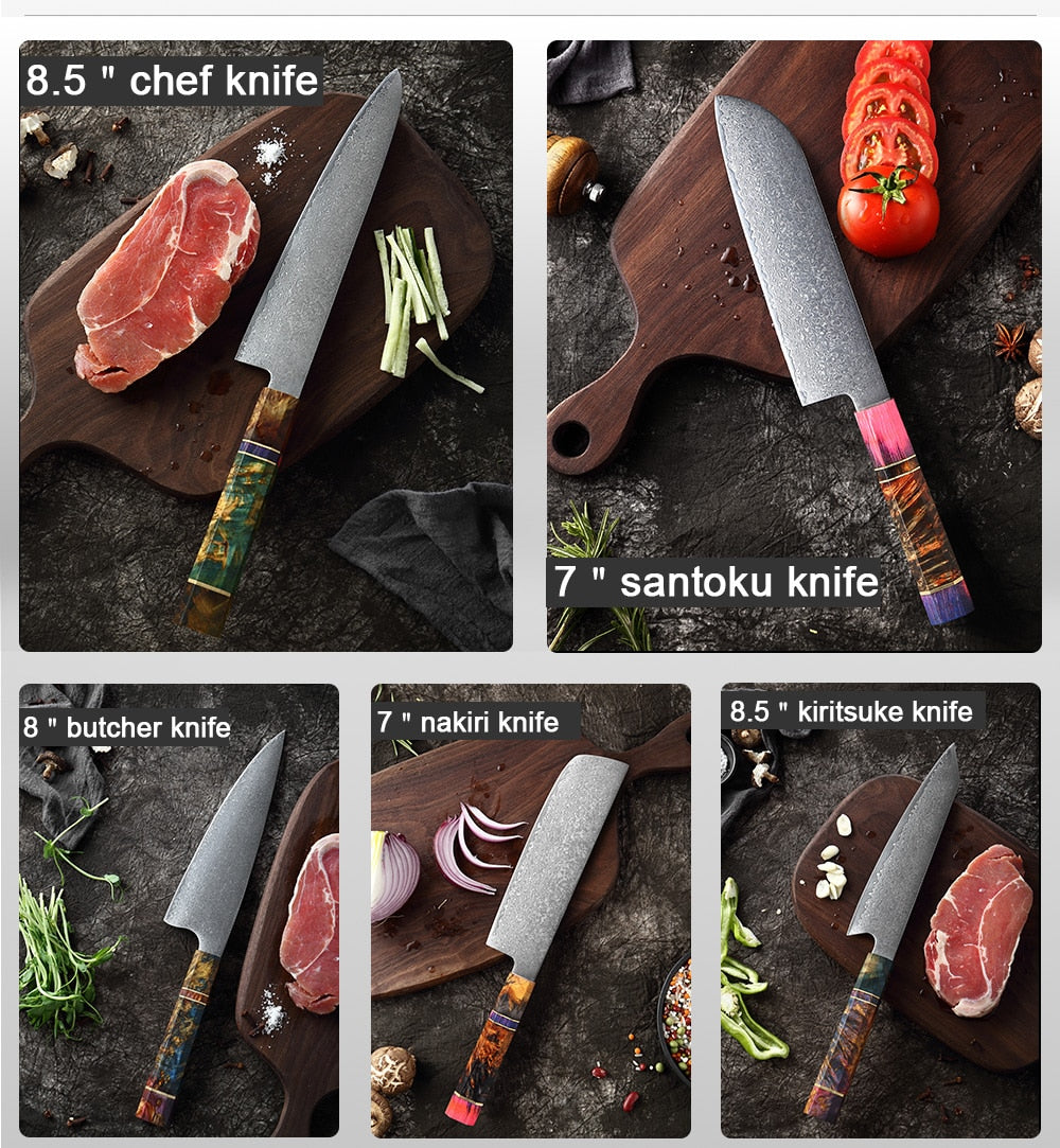 Premium Damascus Knife Set with Handcrafted V-Shaped Blades and Wooden Handles