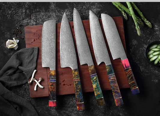 Premium Damascus Knife Set with Handcrafted V-Shaped Blades and Wooden Handles