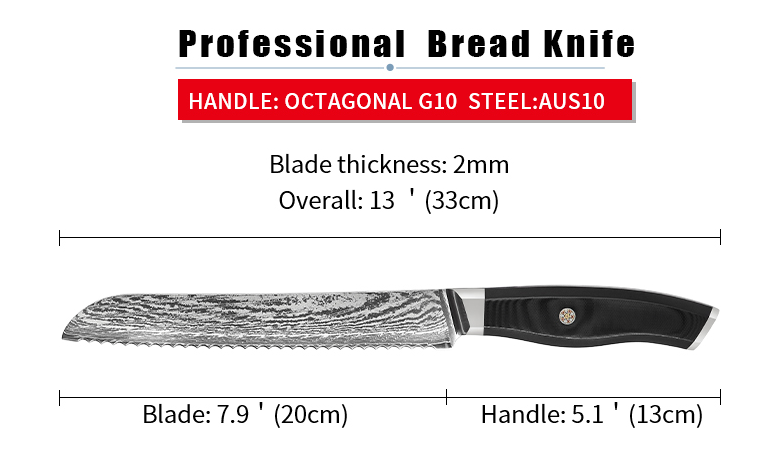 Damascus Bread Knife - Premium AUS10 Steel with G10 Octagonal Handle