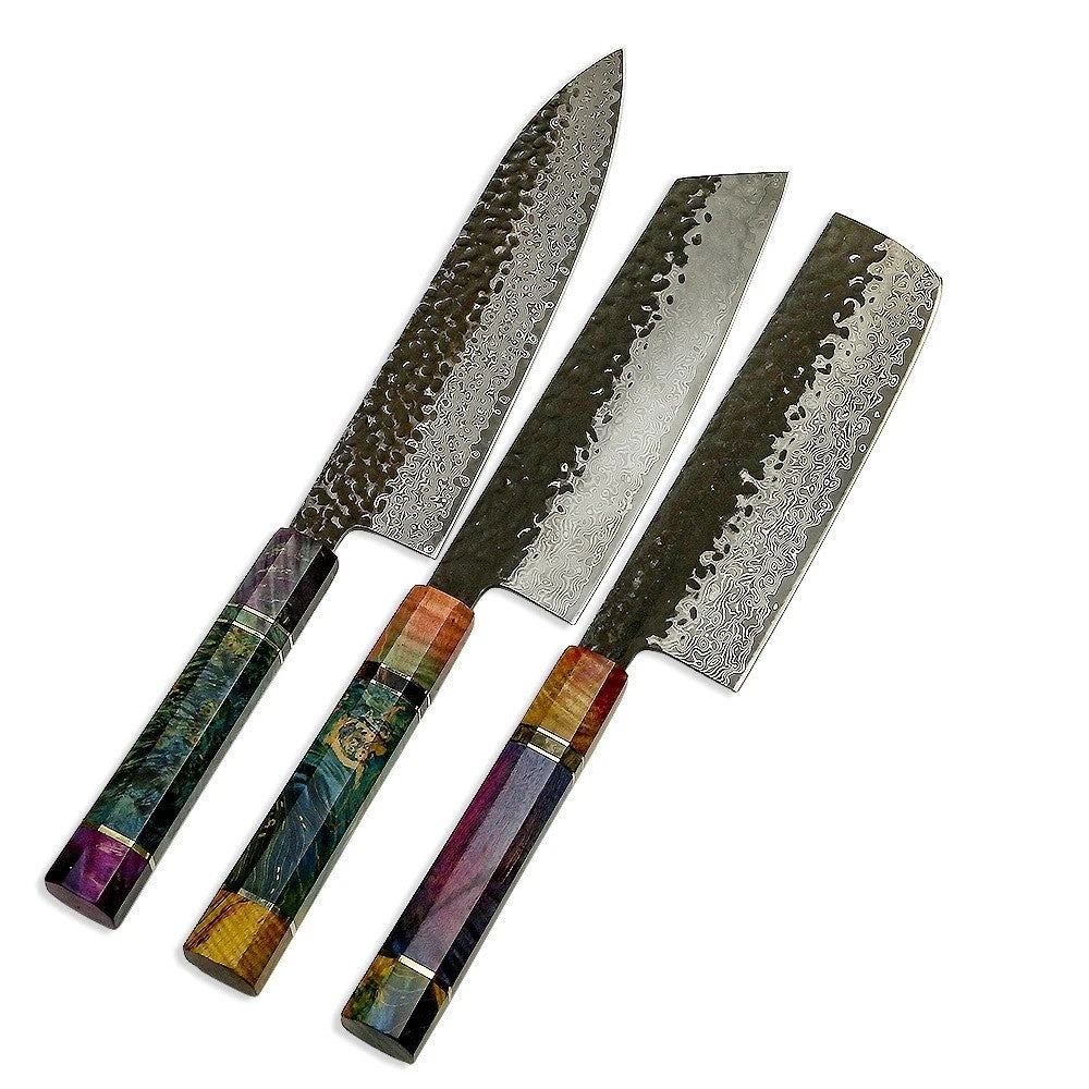 VG10 Damascus Tool Forging Knife Set - 8-Inch Chef, Kiritsuke, and 7-Inch Nakiri Knives