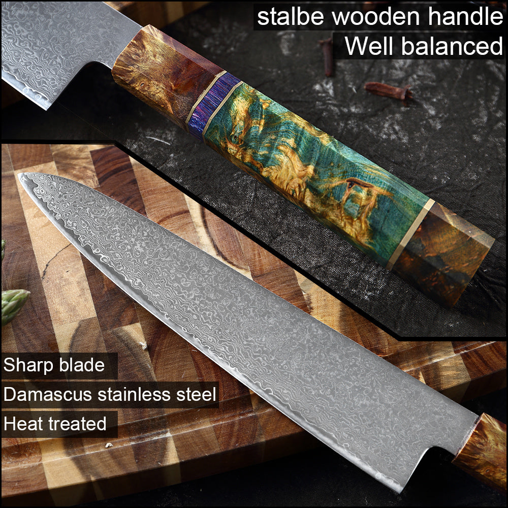 Premium Damascus Knife Set with Handcrafted V-Shaped Blades and Wooden Handles