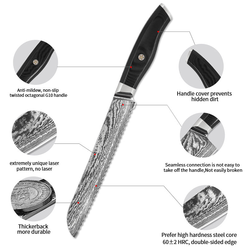 Damascus Bread Knife - Premium AUS10 Steel with G10 Octagonal Handle