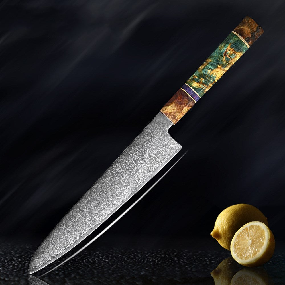 Premium Damascus Knife Set with Handcrafted V-Shaped Blades and Wooden Handles