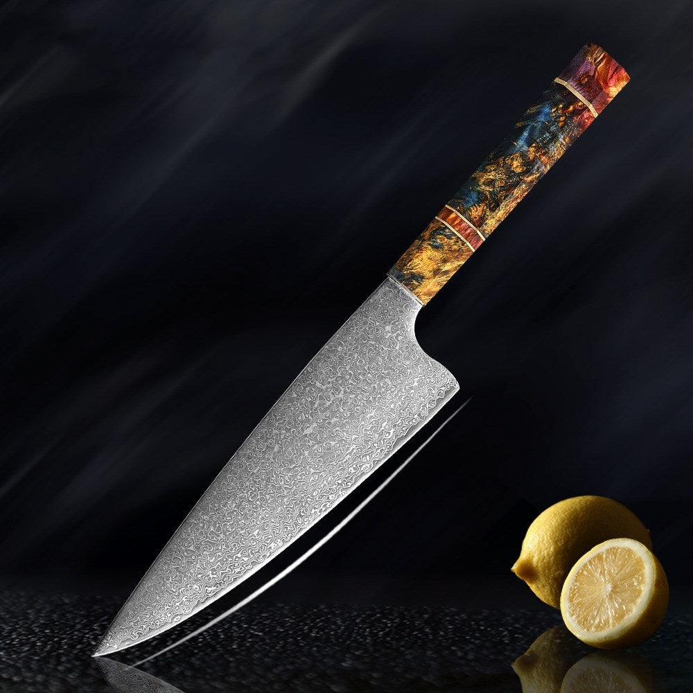 Premium Damascus Knife Set with Handcrafted V-Shaped Blades and Wooden Handles