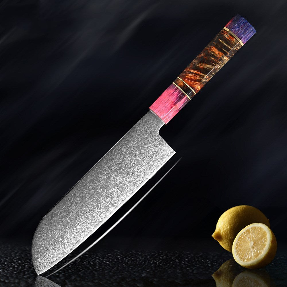 Premium Damascus Knife Set with Handcrafted V-Shaped Blades and Wooden Handles