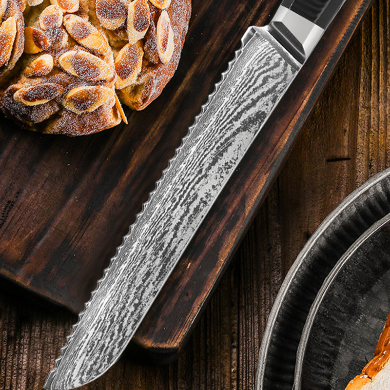 Damascus Bread Knife - Premium AUS10 Steel with G10 Octagonal Handle