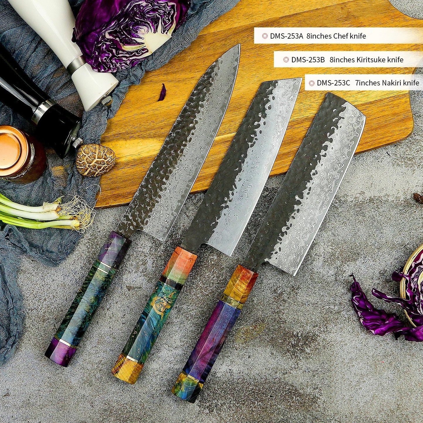 VG10 Damascus Tool Forging Knife Set - 8-Inch Chef, Kiritsuke, and 7-Inch Nakiri Knives