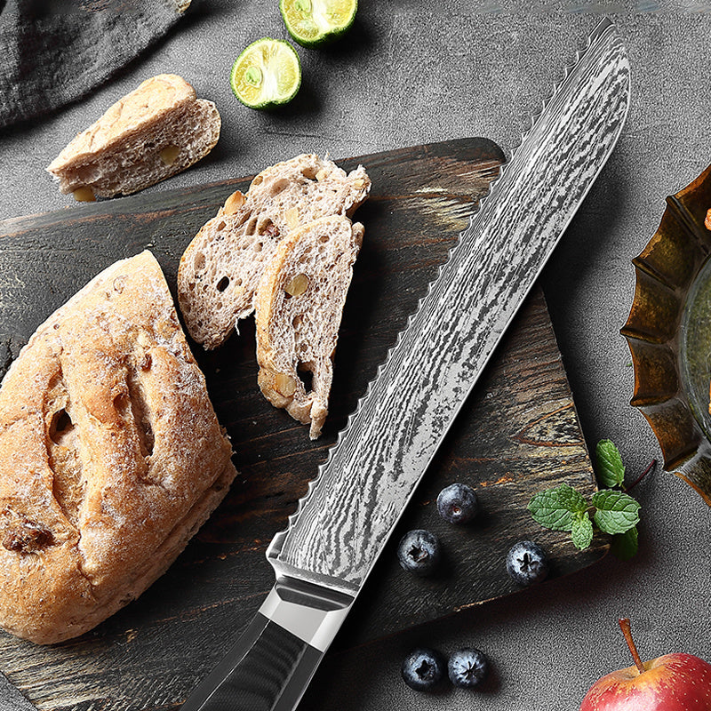 Damascus Bread Knife - Premium AUS10 Steel with G10 Octagonal Handle